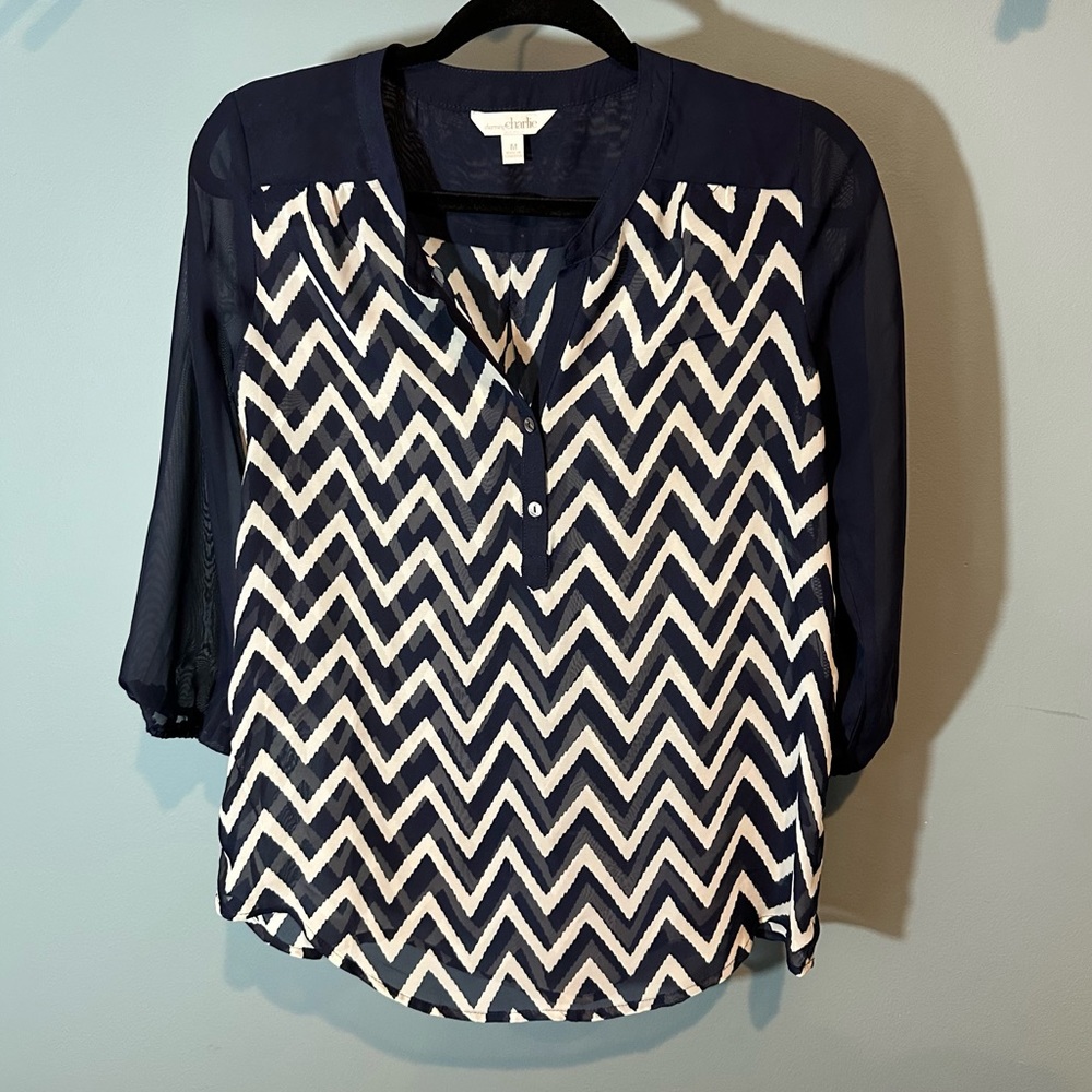 Charming Charlie Quarter Sleeve Blouse in Navy Blue & White Chevron Print